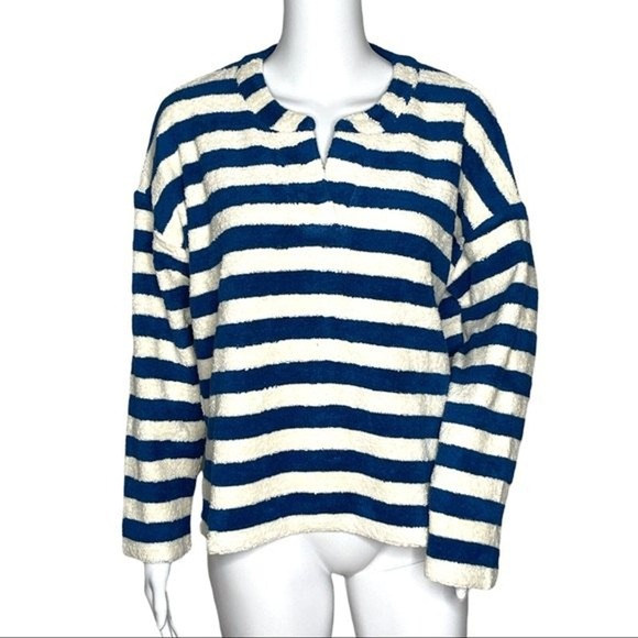 Madewell Sweatshirt Women Small Loop Terry Notch Blue White Stripe Dark‎ Lagoon - Picture 1 of 9